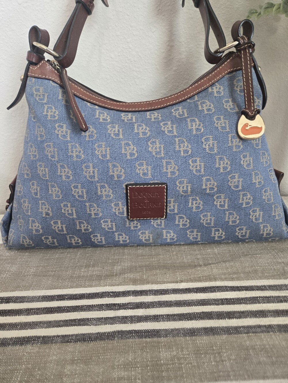 Dooney & Bourke Blue Denim Logo Hobo with Brown Trim, Medium East/West Slouch - Picture 5 of 17